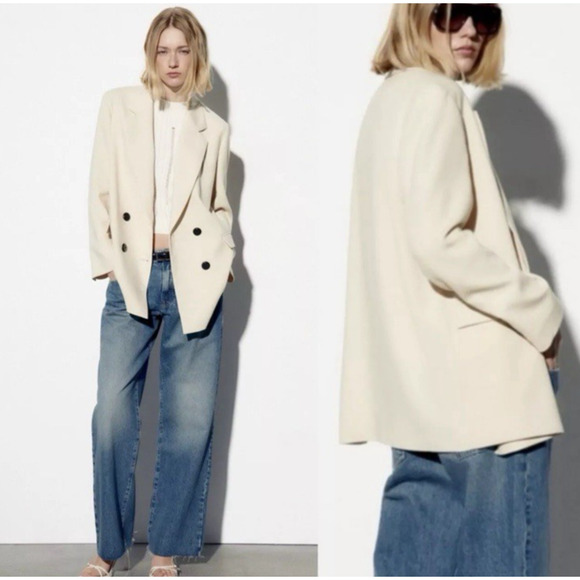 Zara Womens Oversized Double Breasted Blazer Size Large Ecru Academia Preppy - Picture 1 of 16